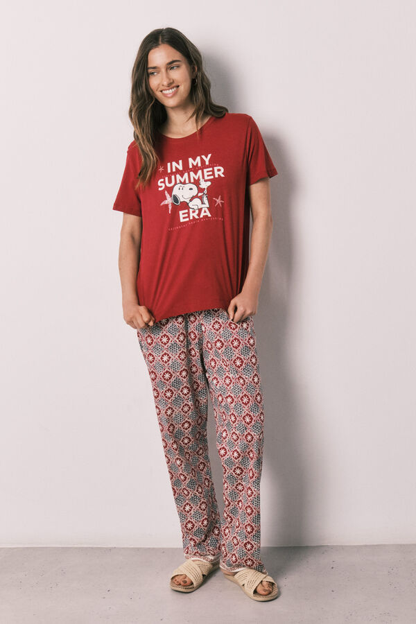 Women'secret Pijama largo algod&oacute;n Snoopy estampado geom&eacute;trico rojo