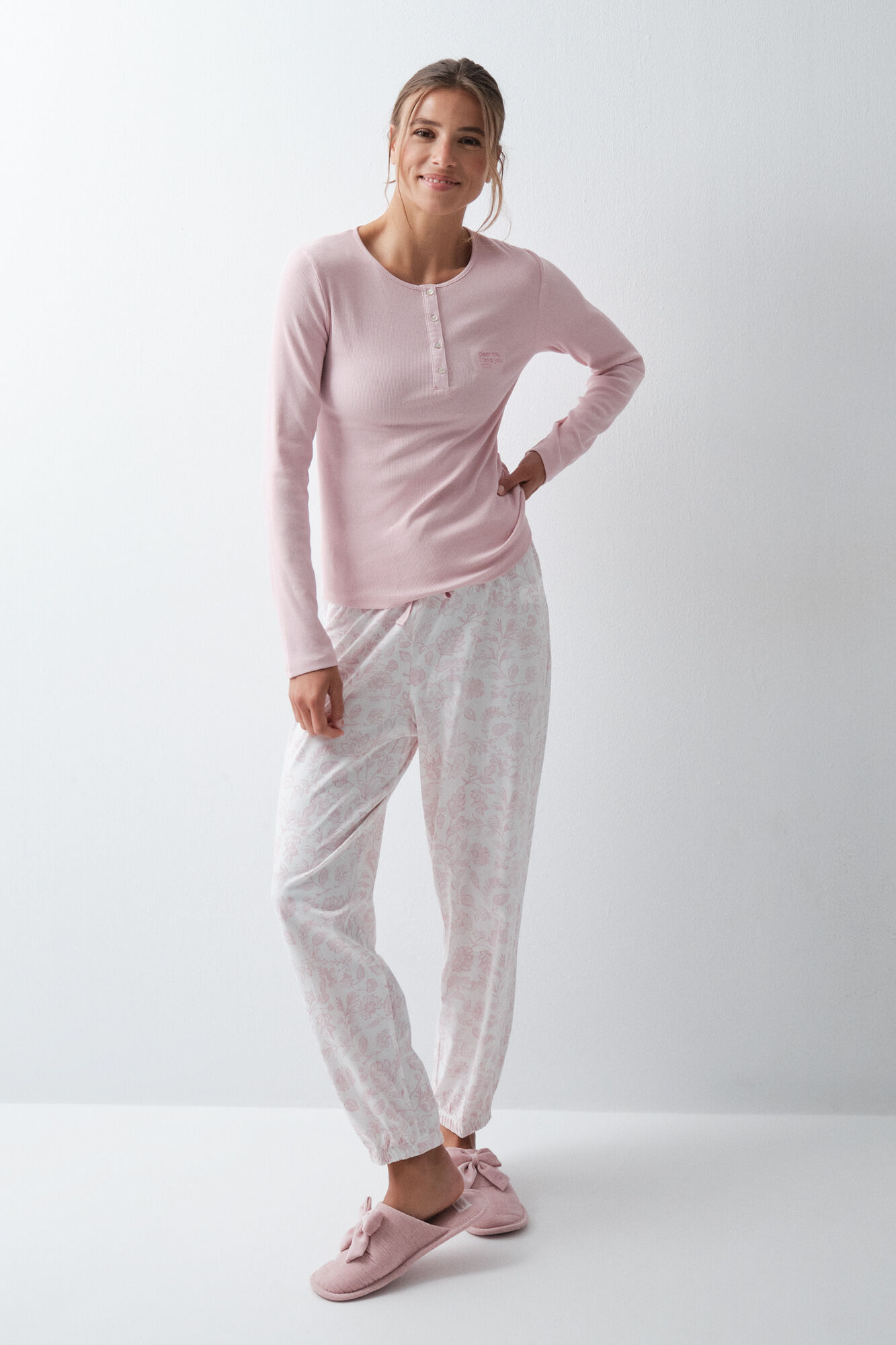 Women'secret Pink cotton floral long pyjamas