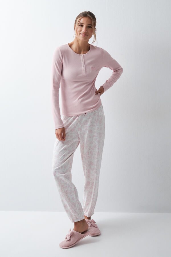 Women'secret Pink cotton floral long pyjamas pink