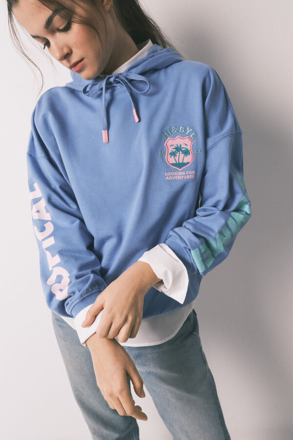 HI&BYE Blue cotton fleece hooded sweatshirt blue