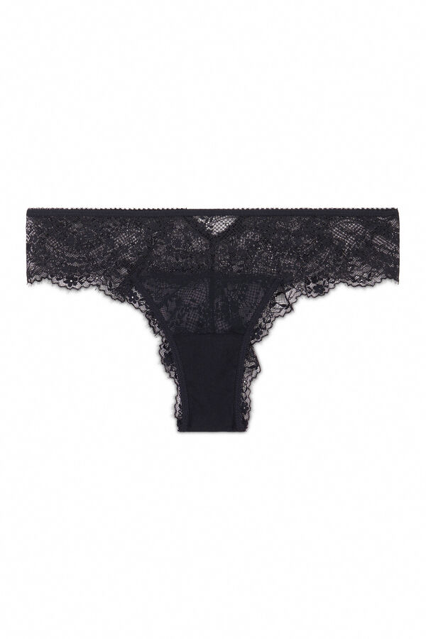 Women'secret Cueca larga brasileira em renda e tule preto preto