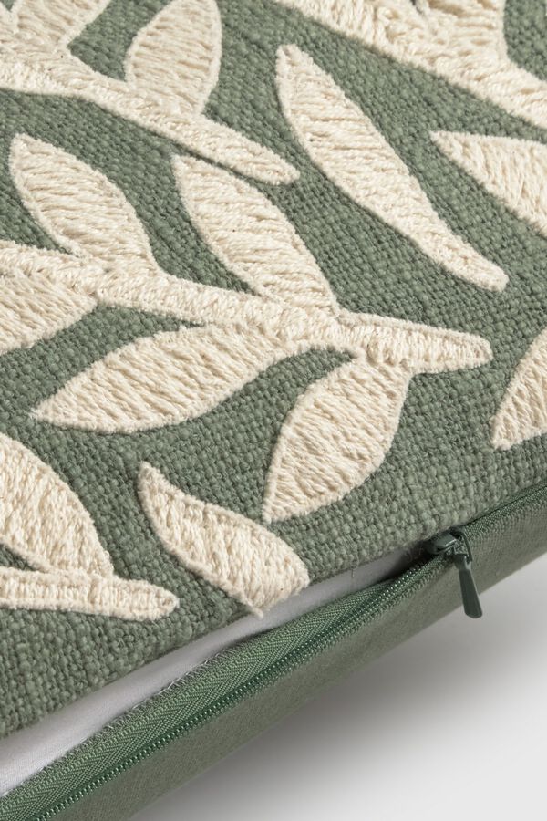 Textura Cotton cushion case with embroidered leaves green