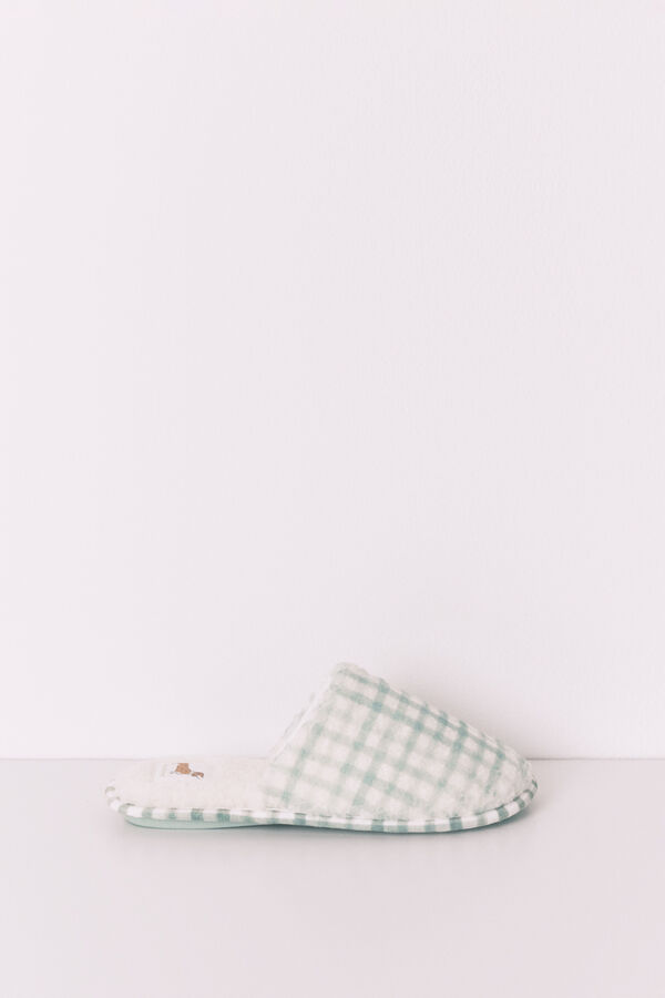 Women'secret Zelene karirane sobne papuče od ve&scaron;tačkog jagnjećeg krzna Zelena