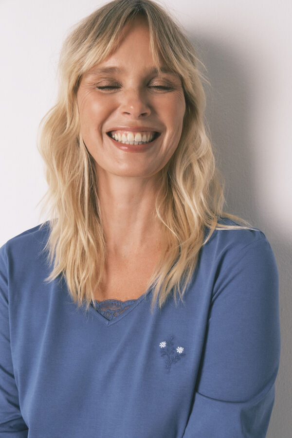 Women'secret Plave duge pidžame sa cvetnim uzorkom od 100% pamuka Plava