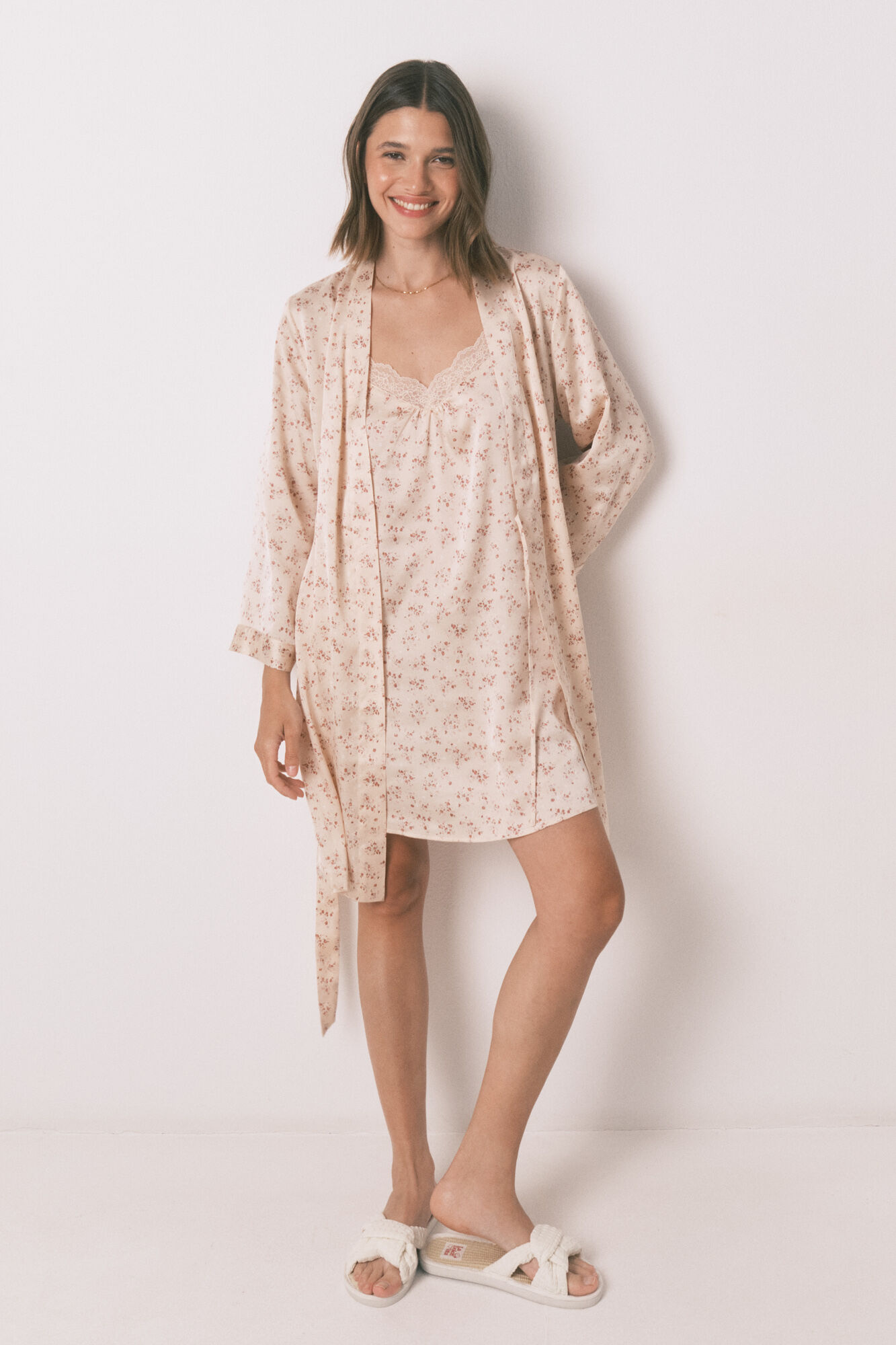 Women'secret Loose midi satin robe with pink flower
