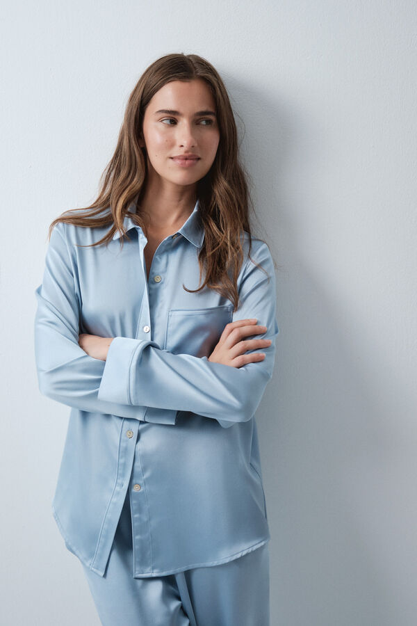 Women'secret Pijama largo camisero azul satinado azul