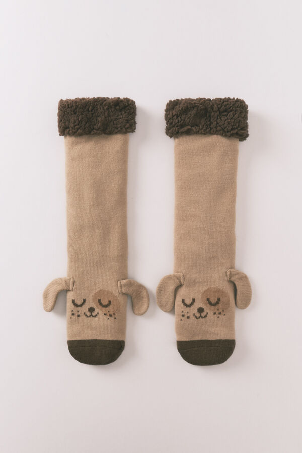Women'secret Brown tricot long socks with dog print blue