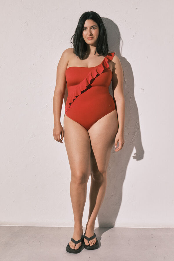 Women'secret Orange shaping asymmetric ruffle swimwear red