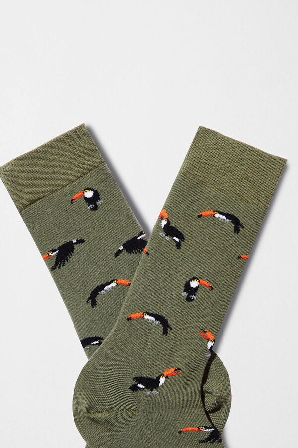 Besocks Socks toucan knee-high socks made of organic cotton in khaki green printed