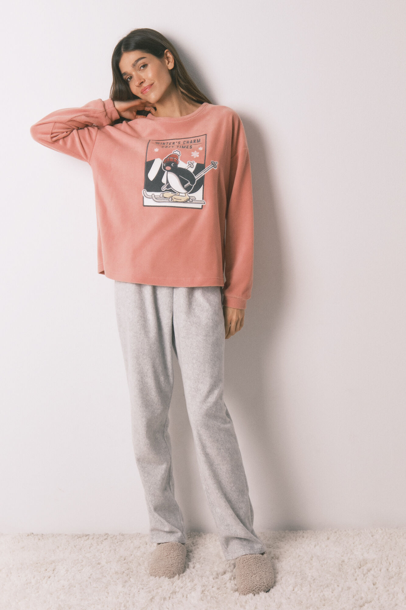 Women'secret Soft pink and grey fleece long pyjamas Pingu