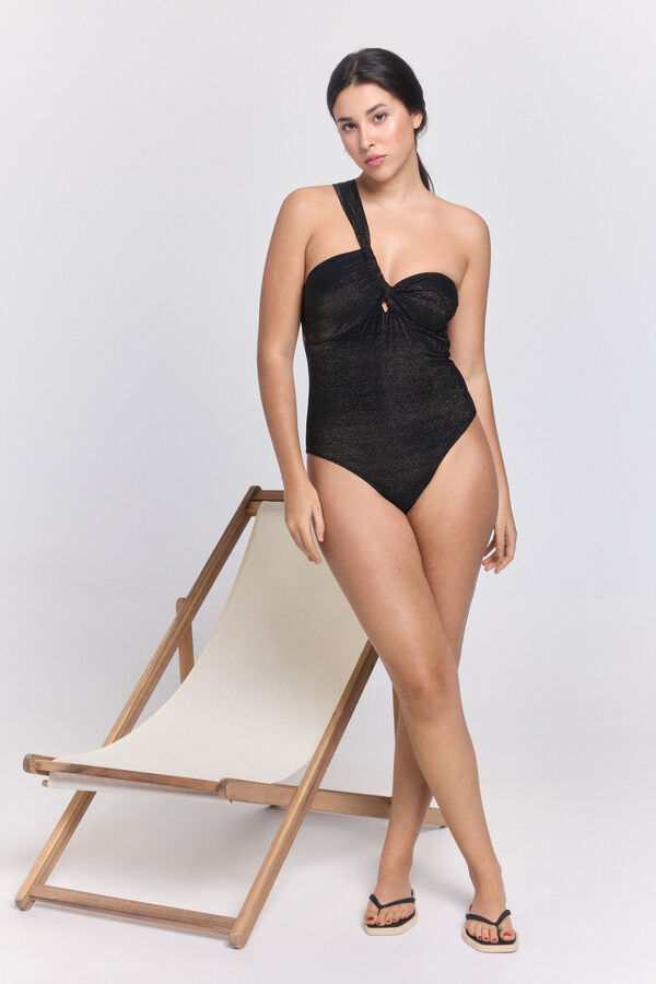 Pieces Maillot de bain en nylon brillant &agrave; une &eacute;paule noir