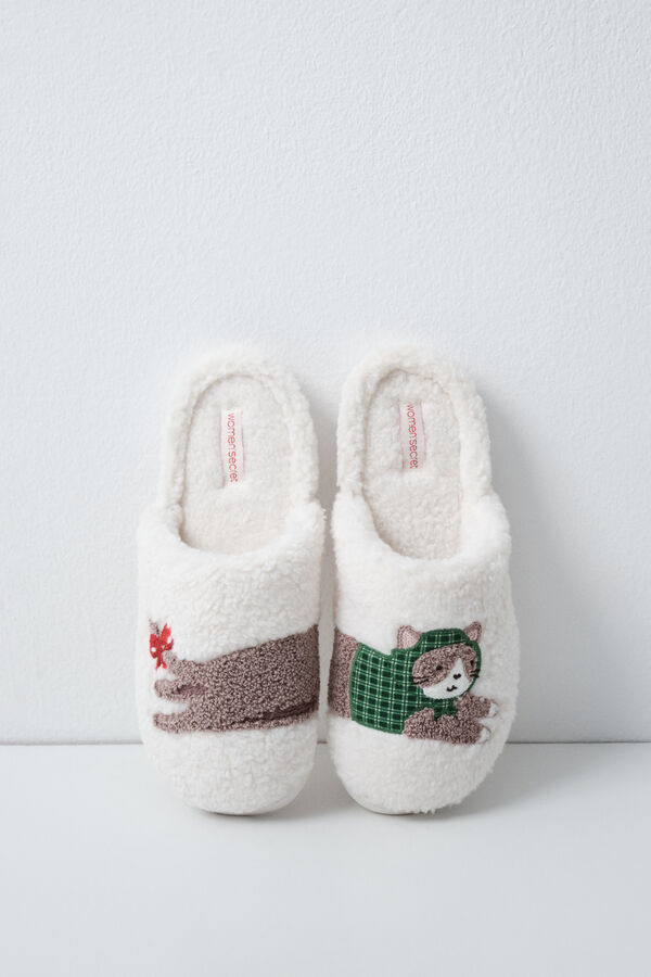 Women'secret Cat faux shearling slippers beige
