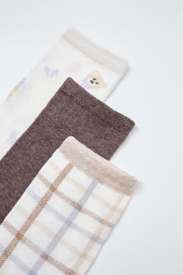 Women'secret Pack of 3 long bear print socks nude