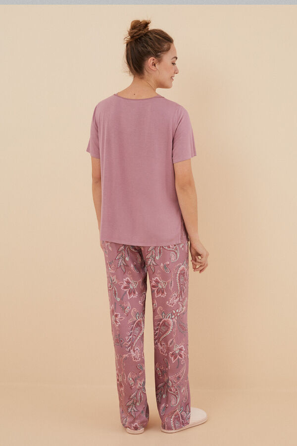 Womensecret Pijama rosa manga corta pantalón largo flores viscosa satén rosa