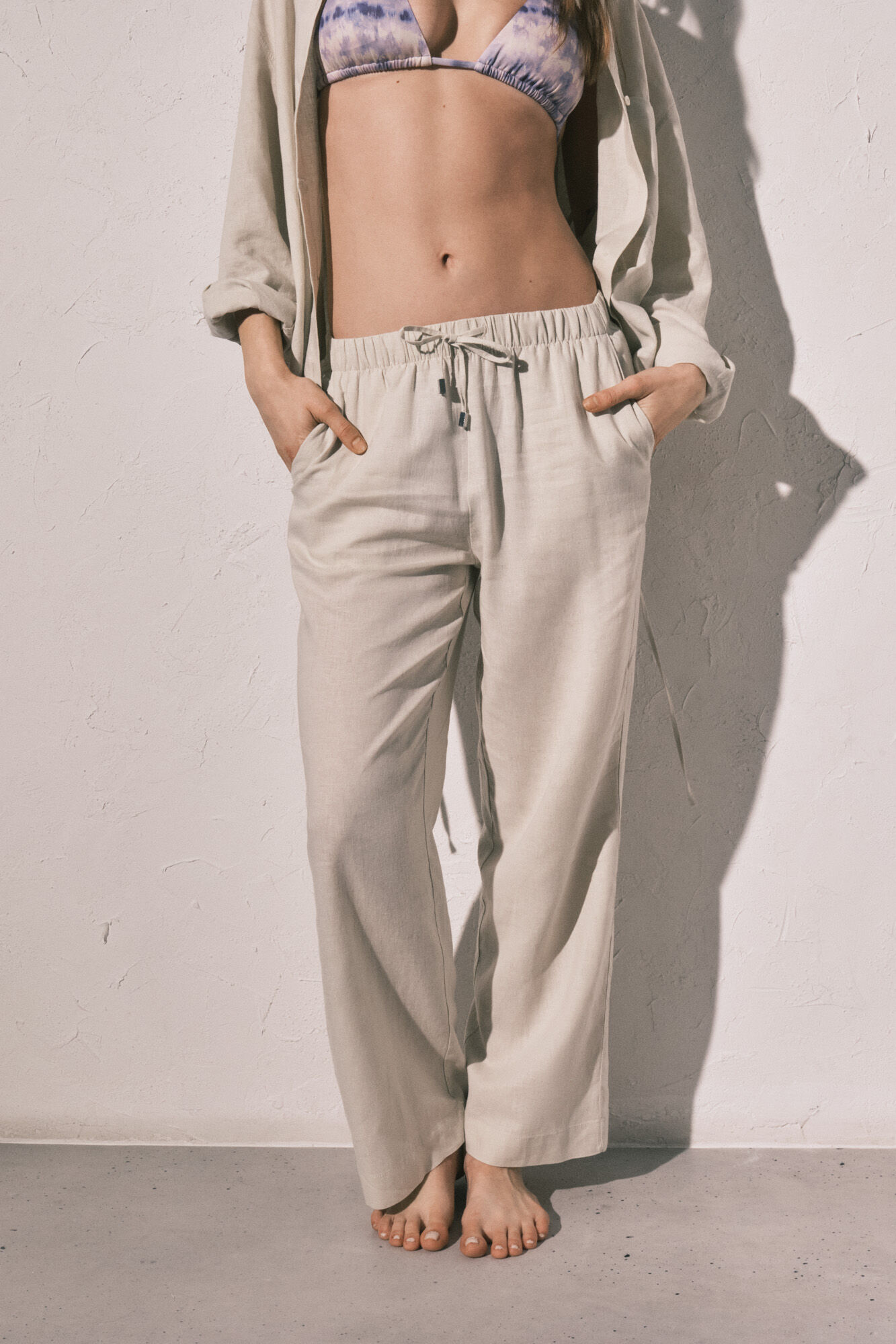 Women'secret Bele dugačke pantalone od lana