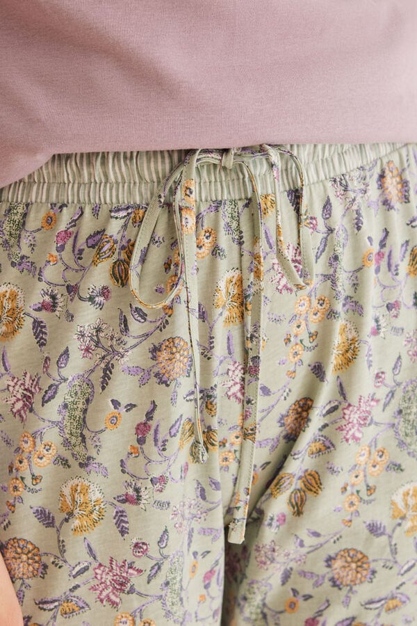 Womensecret Lange Pyjamahose 100 % Baumwolle Skinny Blumen Grün