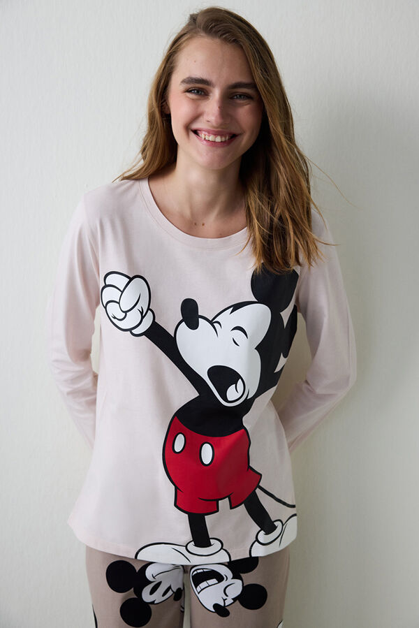 Penti Conjunto de pijama de manga larga con cuello redondo y estampado de Mickey Mouse. beige