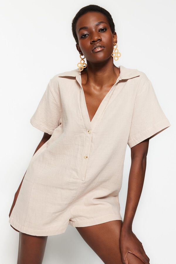 Trendyol Relaxed cut muslin mini overalls beige
