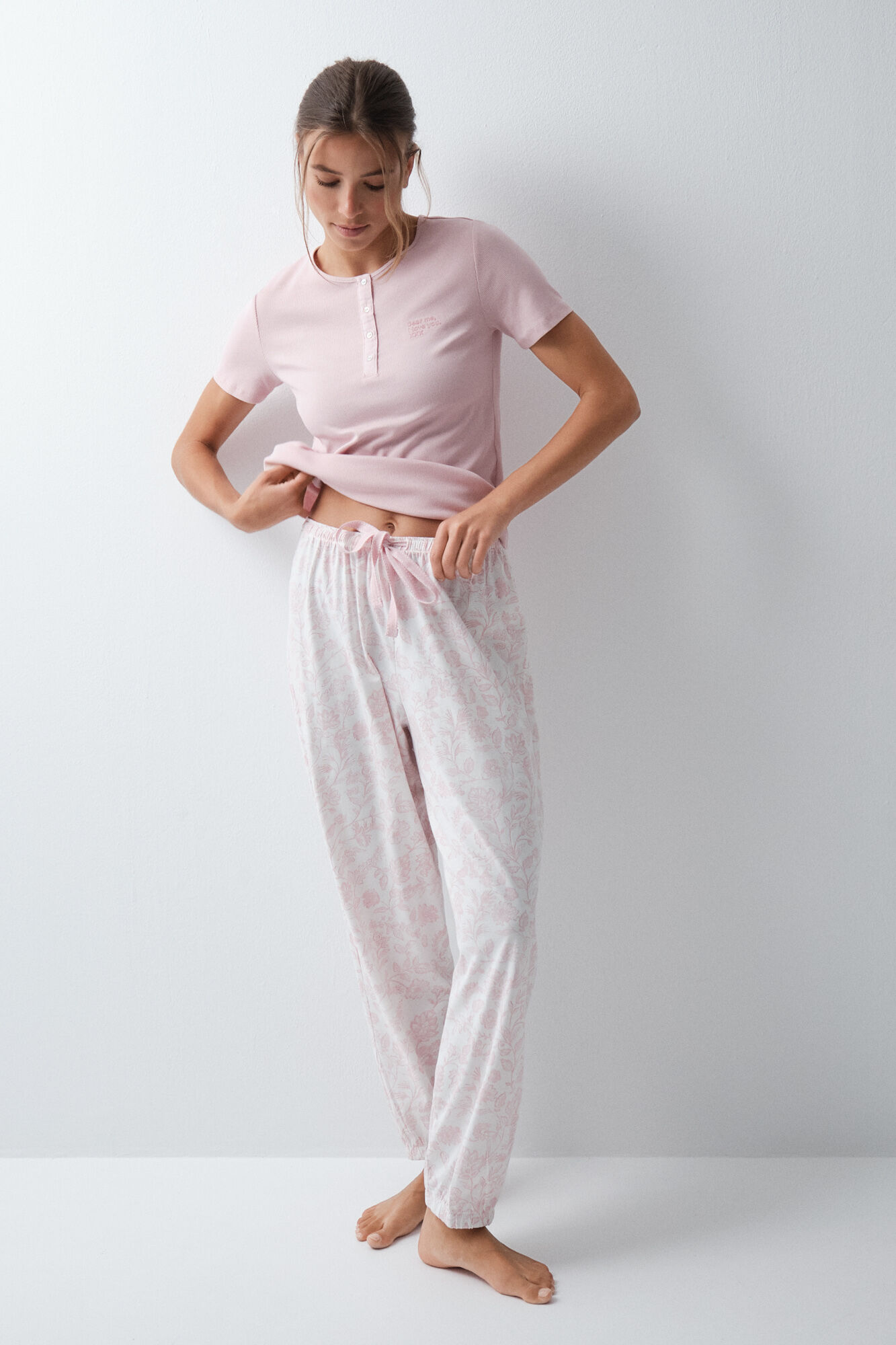 Women'secret Pyjama long &agrave; manches courtes en coton &agrave; fleurs rose