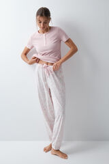 Women'secret Pyjama long &agrave; manches courtes en coton &agrave; fleurs rose rose