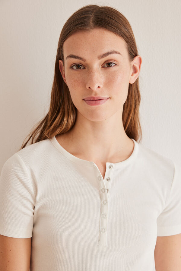 Womensecret White 100% cotton short sleeve Henley T-shirt beige