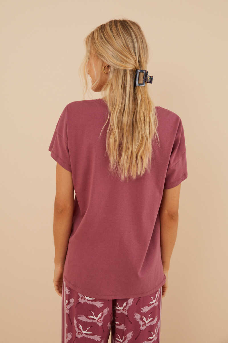 Womensecret T-shirt 100% algodão em grená com renda, de manga curta estampado