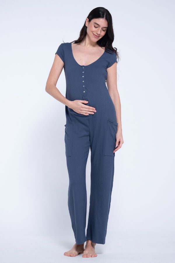 Ohma Short sleeve maternity long dungarees blue
