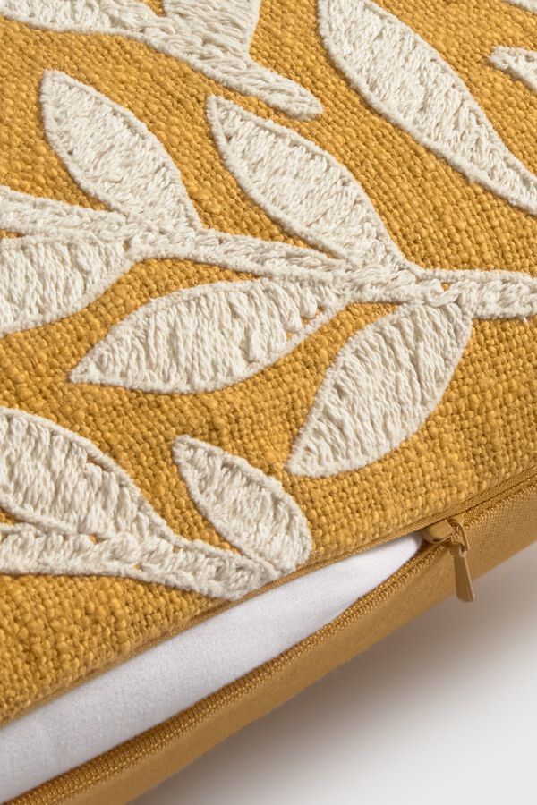 Textura Cotton cushion case with embroidered leaves printed