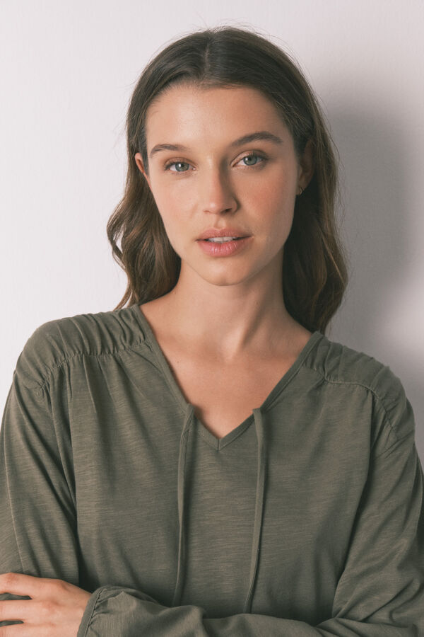 Women'secret Green cotton ruched long sleeve T-shirt beige