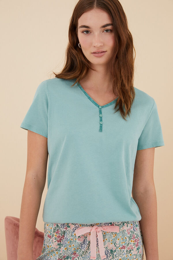 Womensecret Kurzarm-Shirt 100 % Baumwolle Grün Knöpfe Grün
