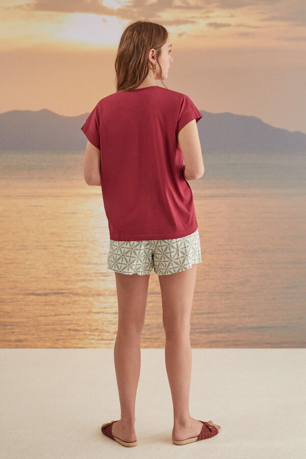 Womensecret T-Shirt 100 % Baumwolle Ausschnitt überkreuzte Kordel Granatrot Rot