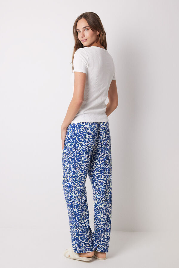 Womensecret Long floral viscose lounge trousers blue