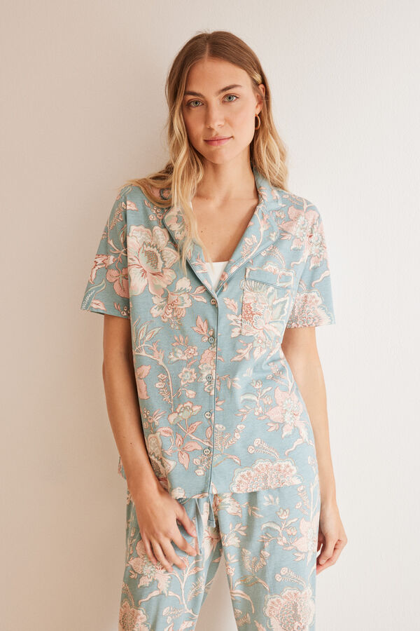 Womensecret Pyjama chemise 100 % coton à fleurs bleu bleu