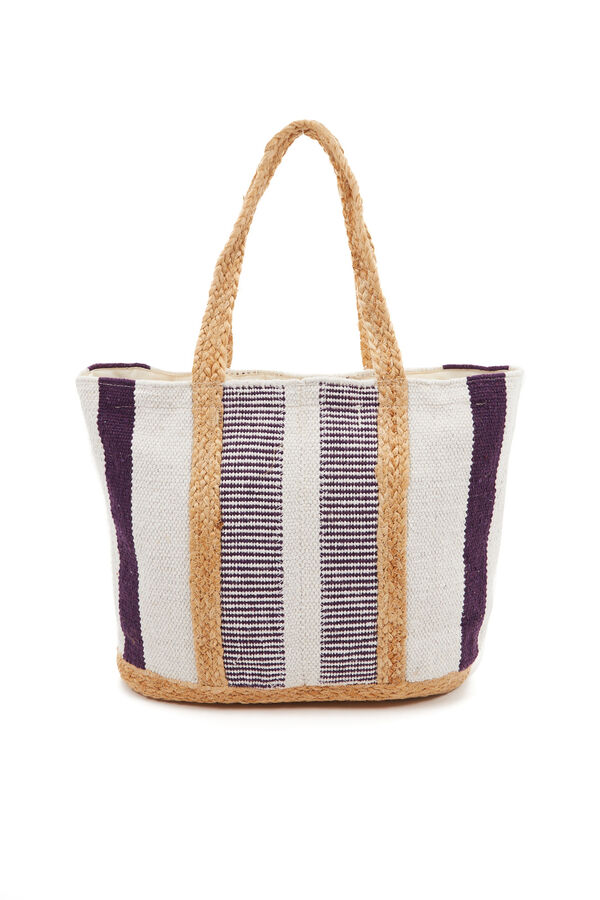 Womensecret Large raffia basket bag with white and lilac striped print rose