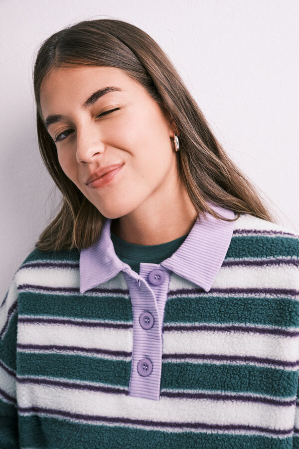 HI&BYE Sweat-shirt polo en peau de mouton &agrave; rayures vert vert