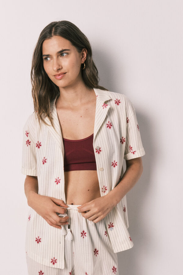Women'secret Striped floral cotton classic long pyjamas beige