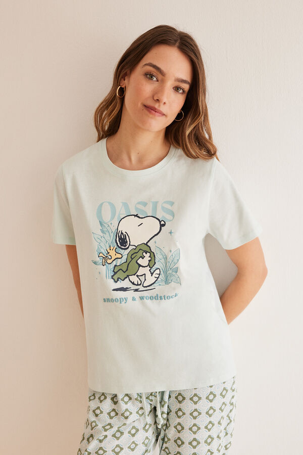 Womensecret Snoopy-mintás pizsama, 100% pamutból zöld
