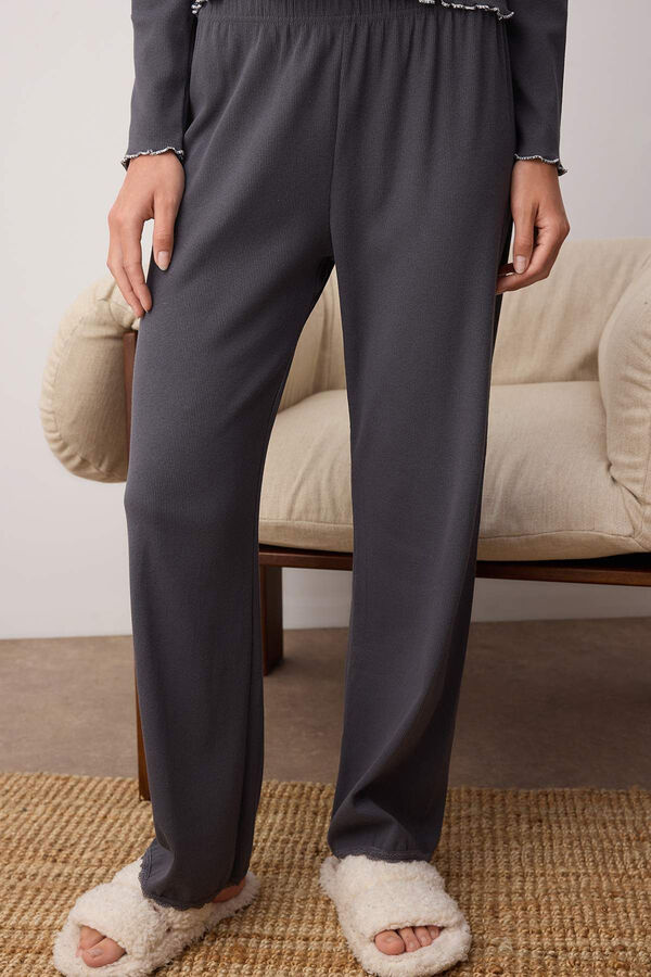 Trendyol Conjunto de pijama de algod&atilde;o canelado com detalhes de renda cinzento