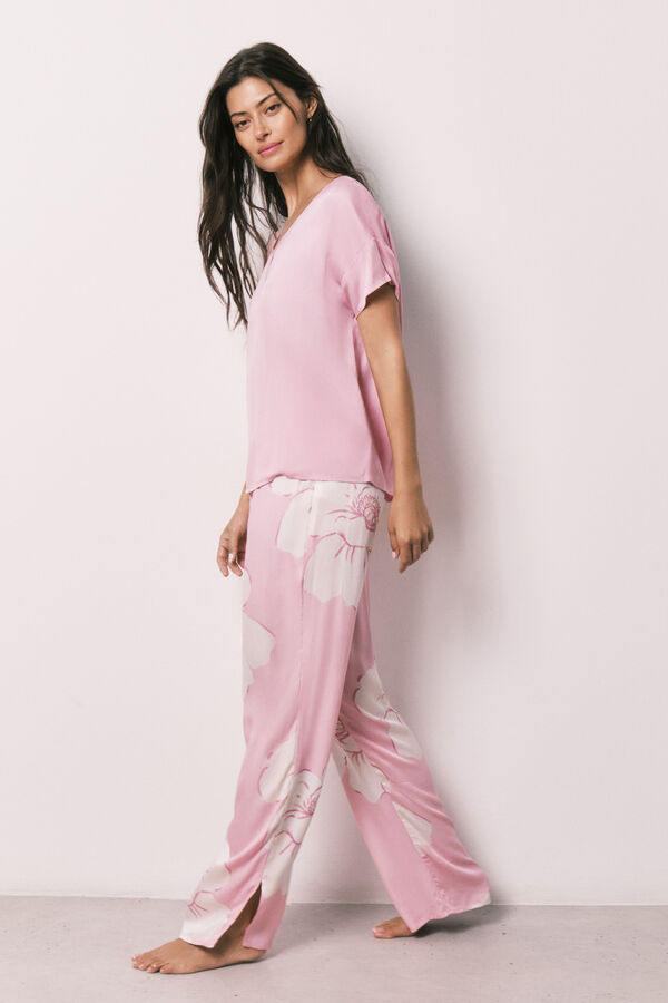 Women'secret Pink satin-finish short sleeve long pyjamas pink