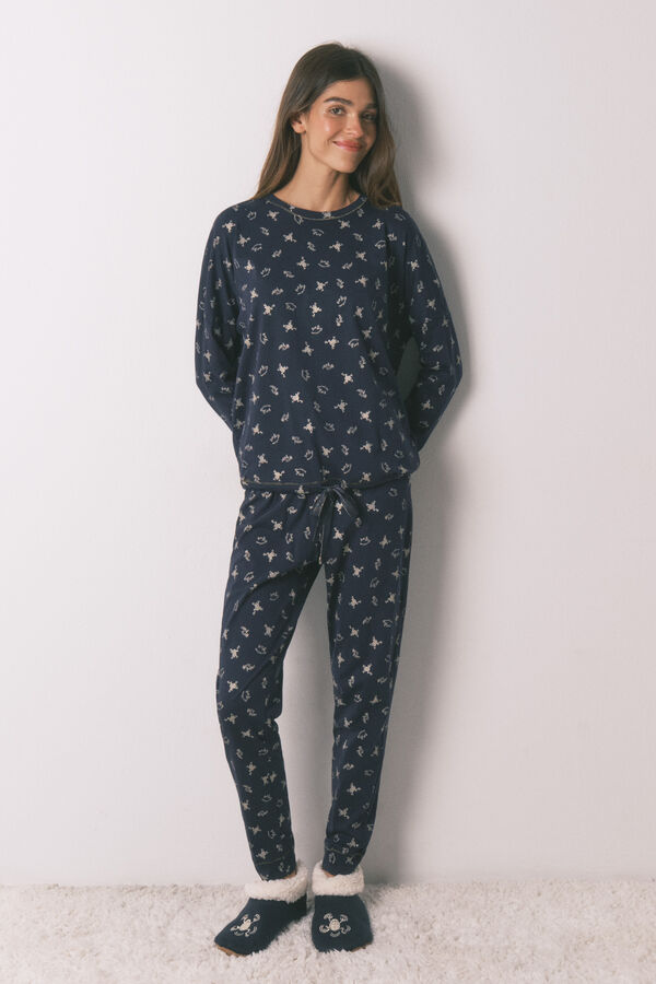 Women'secret Pijama largo 100% algodón azul estampado ranitas  azul