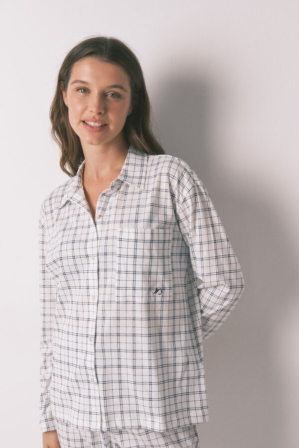 Women'secret Blue cotton plaid classic pyjamas white