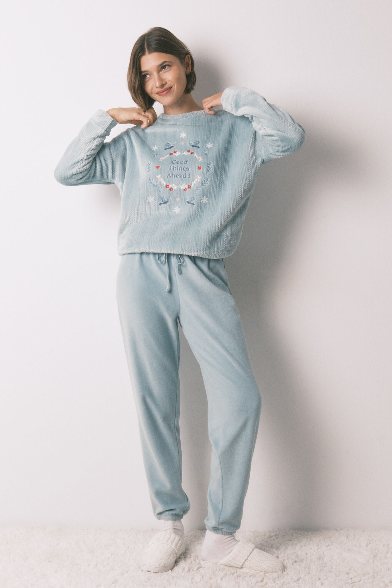 Women'secret Pijama largo polar textura azul