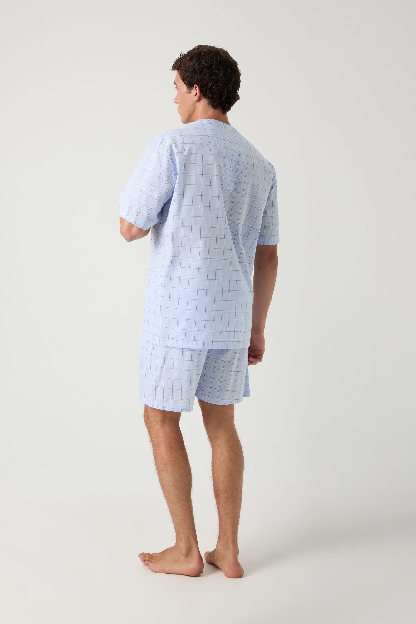 Kiff-Kiff Pijama curto em popelina de xadrez com debrum azul jeans