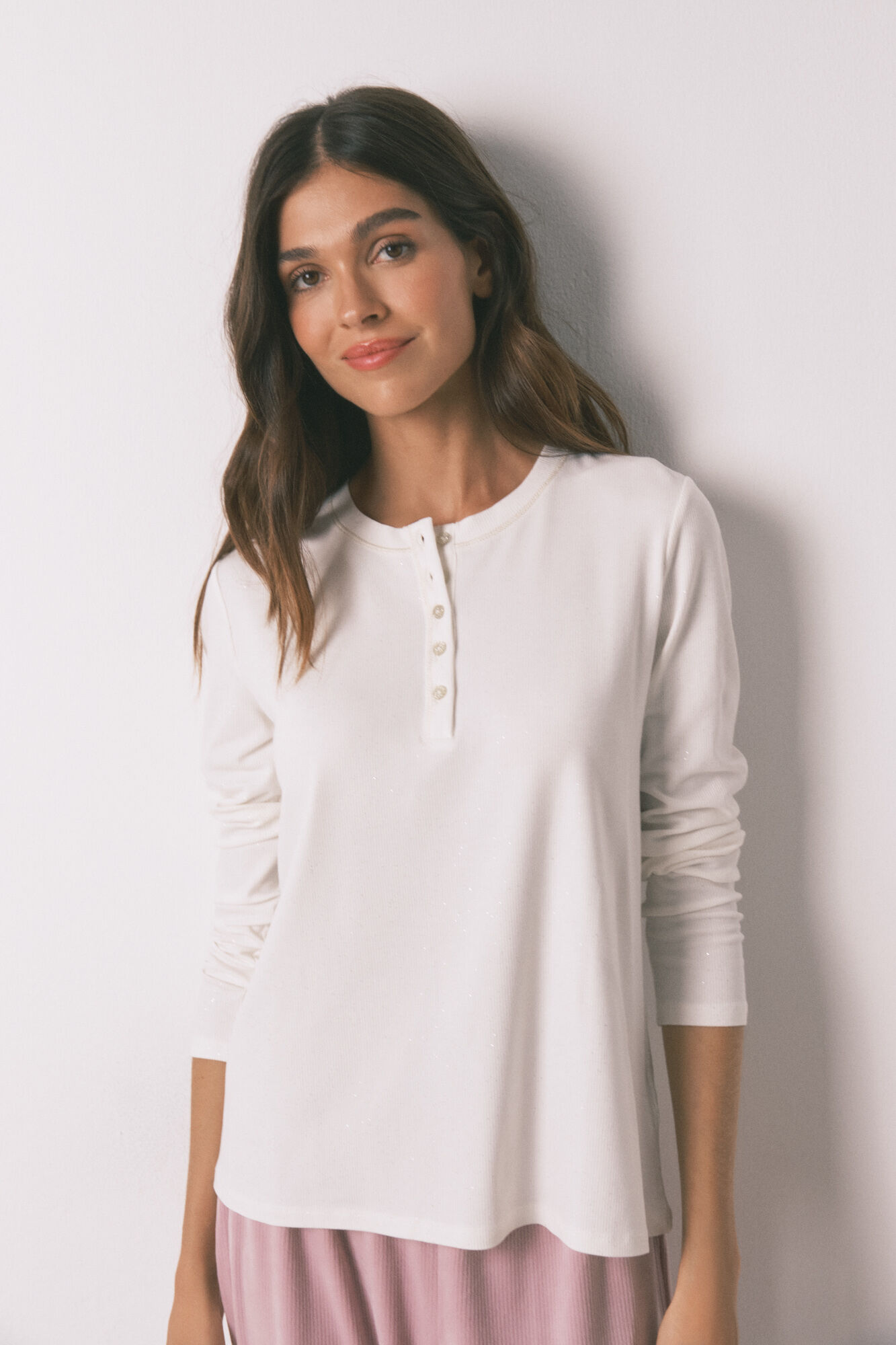 Women'secret Long sleeve glossy white viscose T-shirt