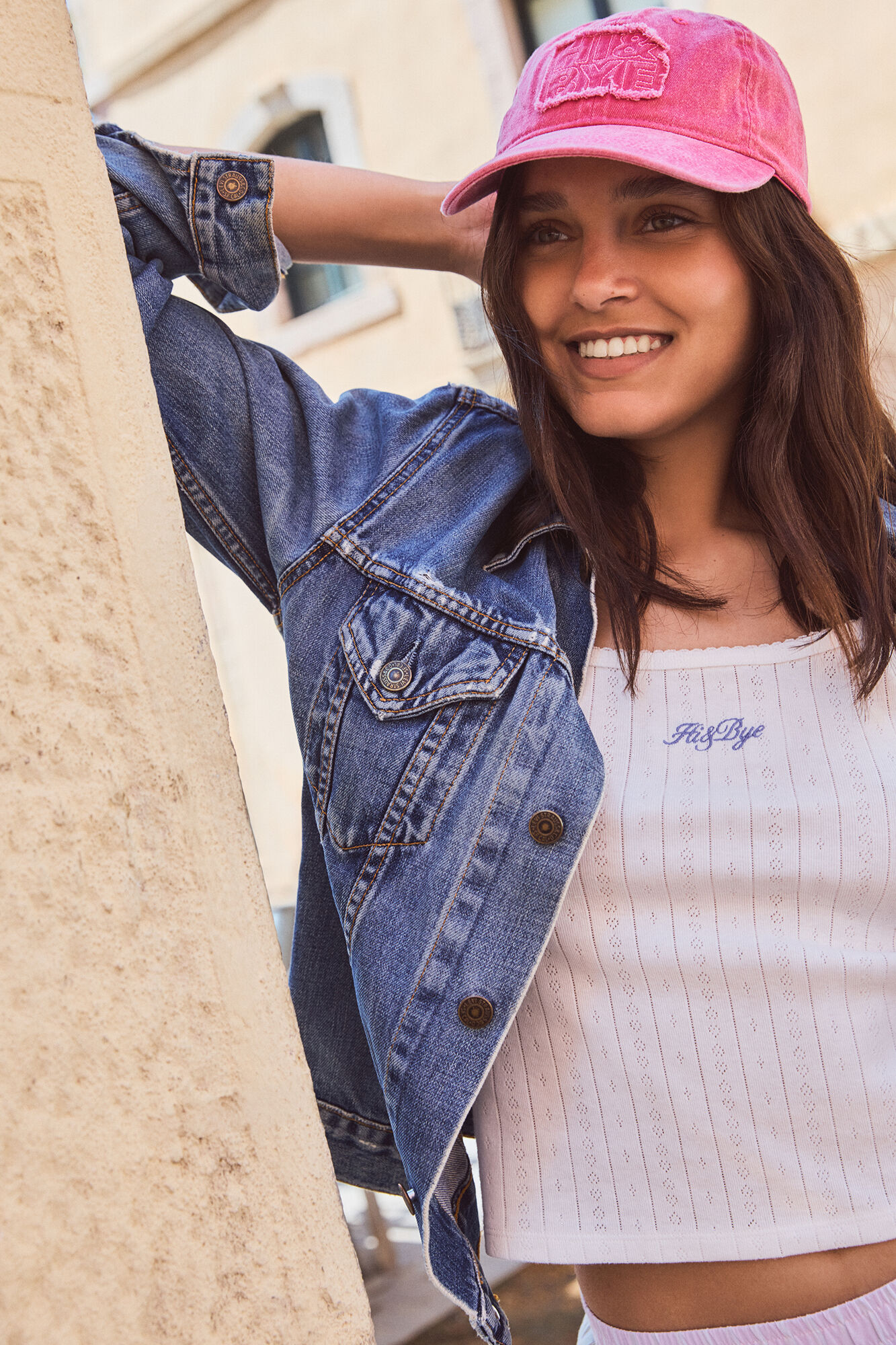 HI&BYE Ivory pintelle jersey-knit straps top