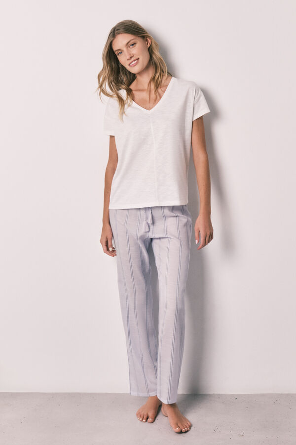 Women'secret Lilac striped cotton short sleeve long pyjamas beige