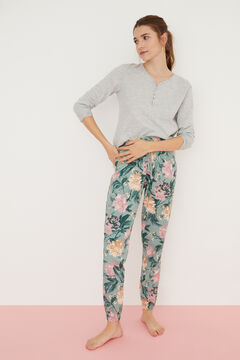 Womensecret Pantalon long 100 % coton turquoise fleurs  imprimé