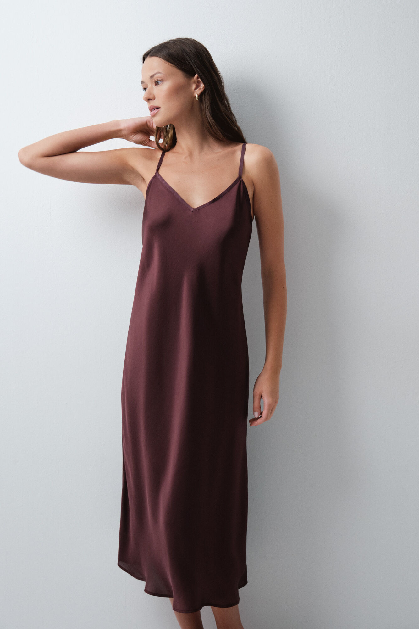Women'secret Burgundy satin-finish long nightgown