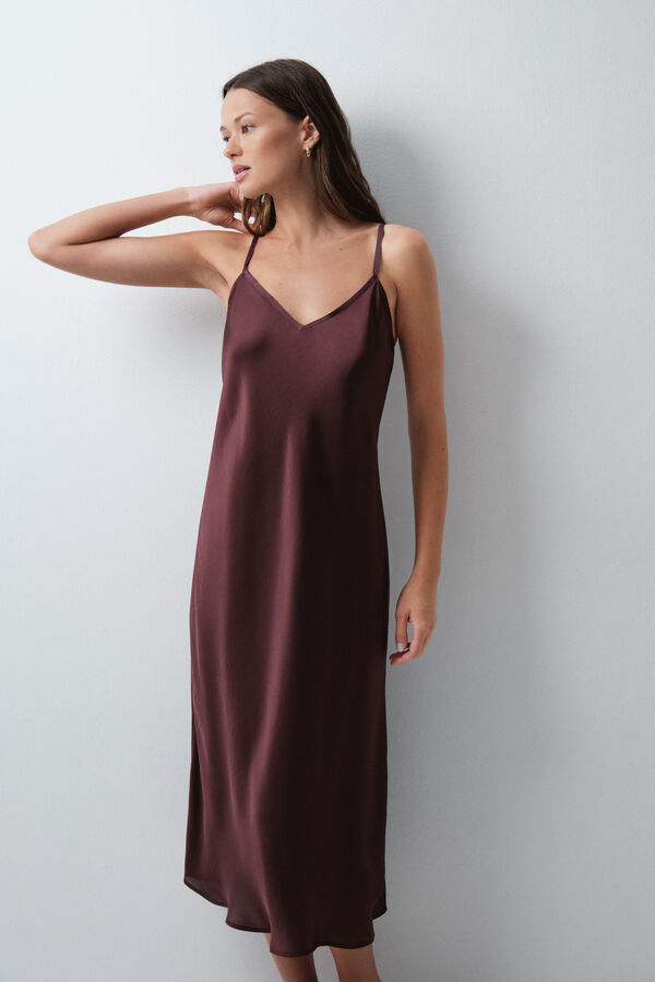 Women'secret Burgundy satin-finish long nightgown red