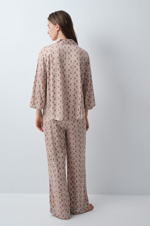 Women'secret Pijama largo camisero sat&eacute;n estampado geom&eacute;trico beige